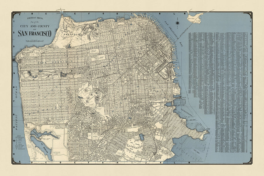 Mapa antiguo de San Francisco, 1938: Puente Golden Gate, Chinatown, Presidio, Fisherman&