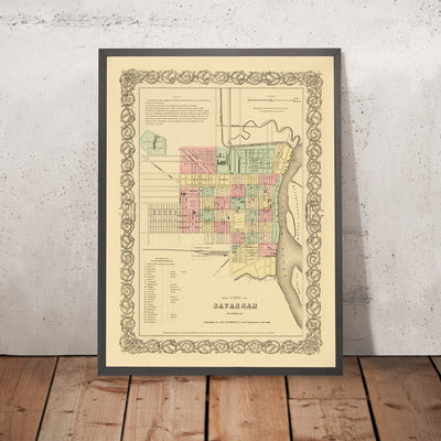 Alte Karte von Savannah, Georgia von Colton, 1855: Forsyth Platz, Bahnhöfe, Hutchinsons Insel, Fishers Reef, Wards 