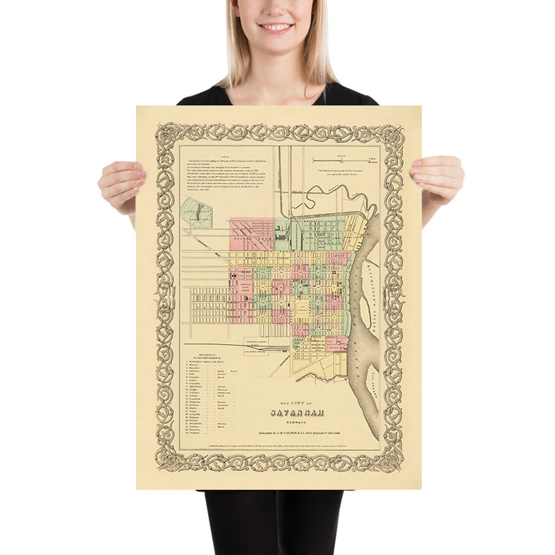 Alte Karte von Savannah, Georgia von Colton, 1855: Forsyth Platz, Bahnhöfe, Hutchinsons Insel, Fishers Reef, Wards 