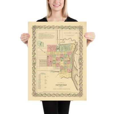 Alte Karte von Savannah, Georgia von Colton, 1855: Forsyth Platz, Bahnhöfe, Hutchinsons Insel, Fishers Reef, Wards 