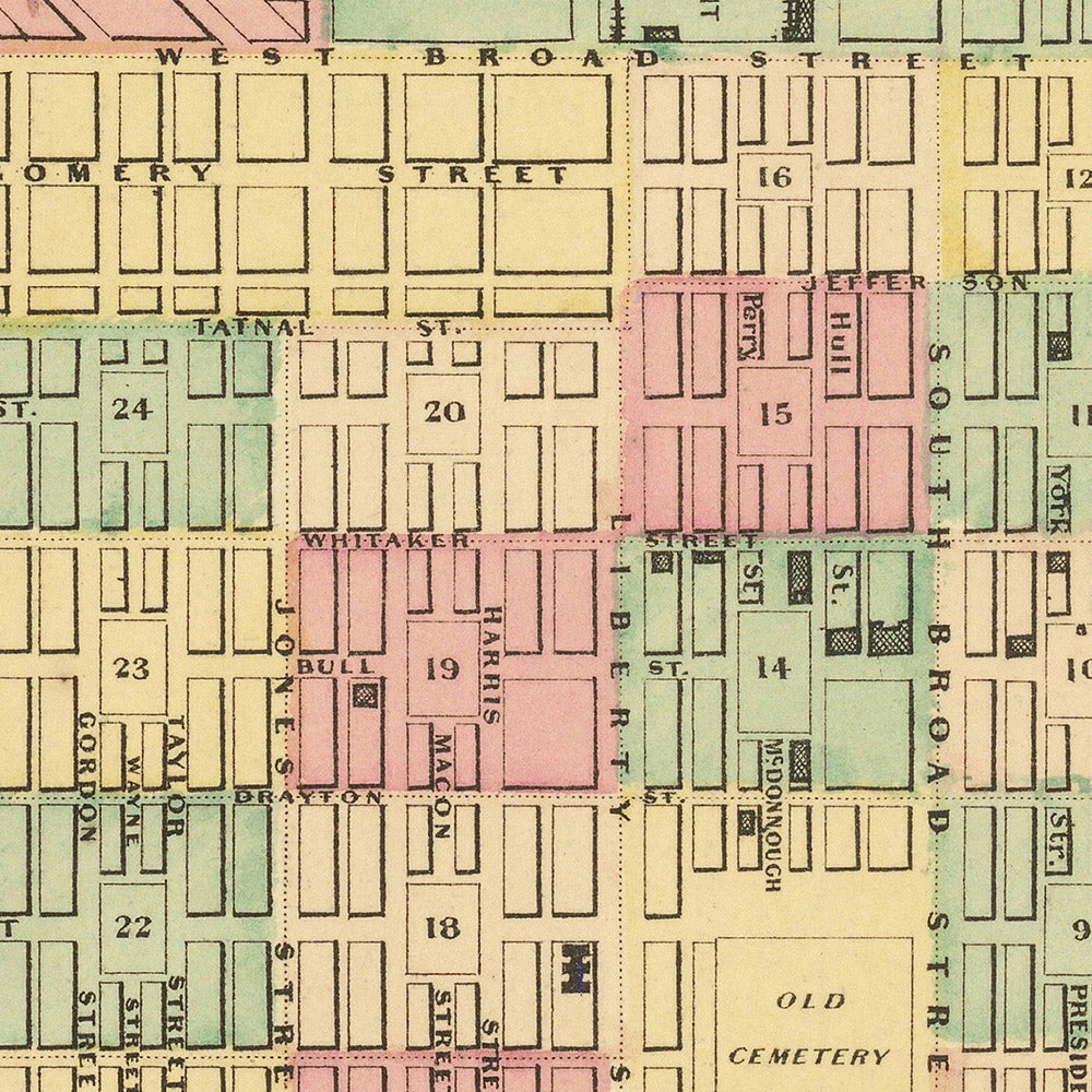 Alte Karte von Savannah, Georgia von Colton, 1855: Forsyth Platz, Bahnhöfe, Hutchinsons Insel, Fishers Reef, Wards 