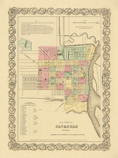 Alte Karte von Savannah, Georgia von Colton, 1855: Forsyth Platz, Bahnhöfe, Hutchinsons Insel, Fishers Reef, Wards 