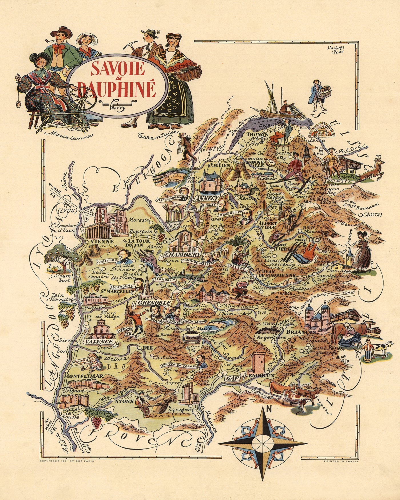 Alte Karte von Savoie & Dauphiné, Frankreich von Jacques Liozu, 1951: Alpen, Grenoble, Chambéry, Annecy 