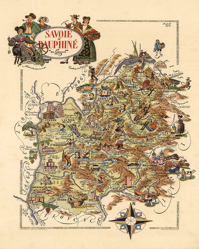 Alte Karte von Savoie & Dauphiné, Frankreich von Jacques Liozu, 1951: Alpen, Grenoble, Chambéry, Annecy 