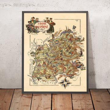 Ancienne carte de Savoie & Dauphine, France par Jacques Liozu, 1951 : Alpes, Grenoble, Chambéry, Annecy