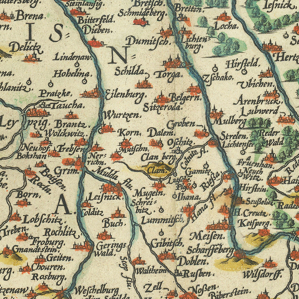 Old Map of Saxony by Ortelius, 1595: Berlin, Leipzig, Dresden, Elbe River, Ore Mountains