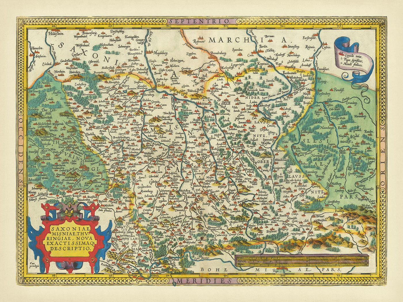 Old Map of Saxony by Ortelius, 1595: Berlin, Leipzig, Dresden, Elbe River, Ore Mountains
