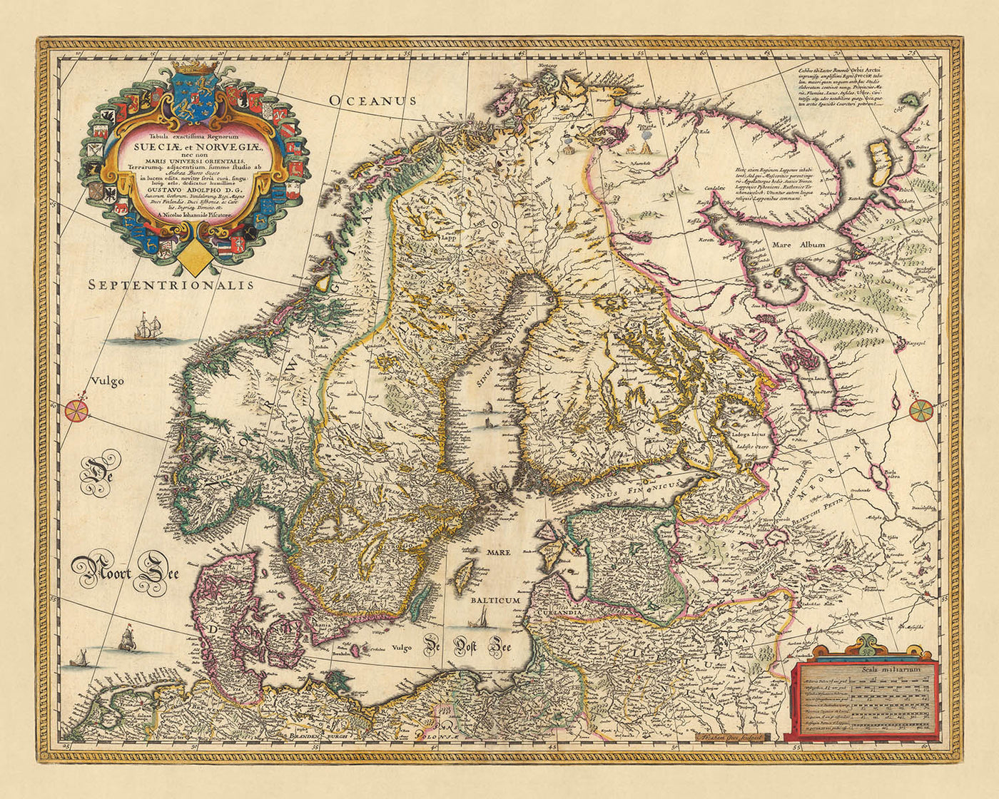 Mapa antiguo de Escandinavia y el norte de Europa de Visscher, 1690: Oslo, Estocolmo, Helsinki, Riga, Copenhague