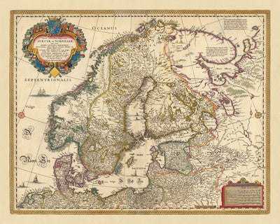 Mapa antiguo de Escandinavia y el norte de Europa de Visscher, 1690: Oslo, Estocolmo, Helsinki, Riga, Copenhague