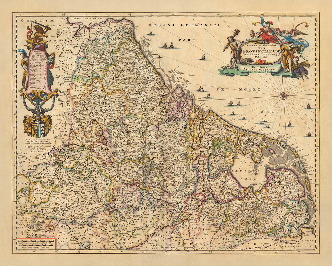 Old Map of The Seventeen Provinces by Visscher, 1690: Amsterdam, Brussels, Luxembourg, Rotterdam, Antwerp