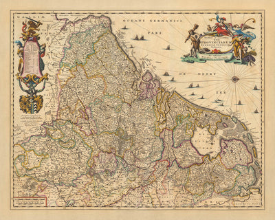Old Map of The Seventeen Provinces by Visscher, 1690: Amsterdam, Brussels, Luxembourg, Rotterdam, Antwerp