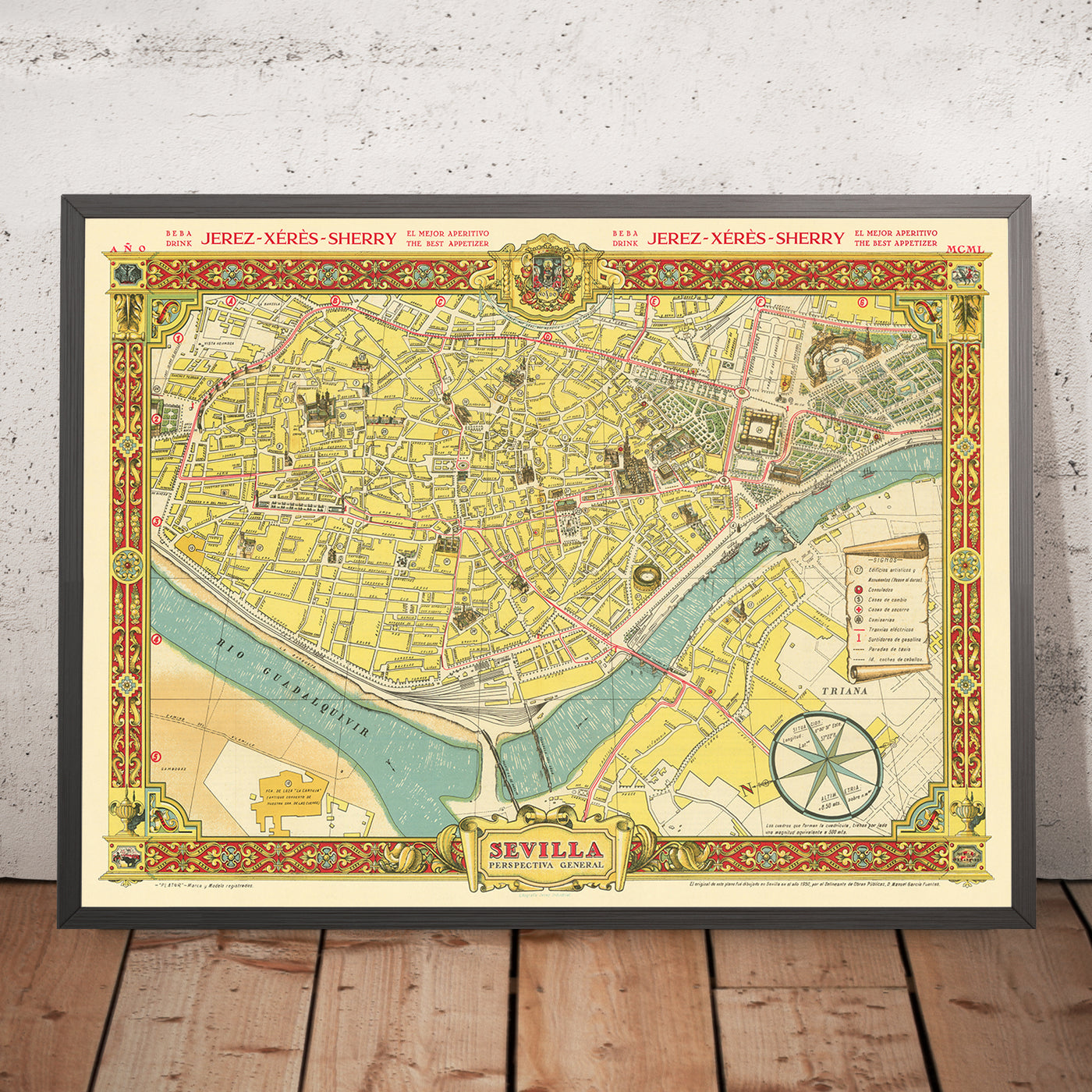 Old Pictorial Map of Seville by Fuentes, 1950: Catedral, Torre del Oro, Triana, Alcázar, Guadalquivir
