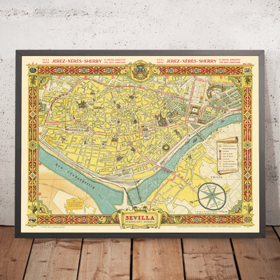 Old Pictorial Map of Seville by Fuentes, 1950: Catedral, Torre del Oro, Triana, Alcázar, Guadalquivir