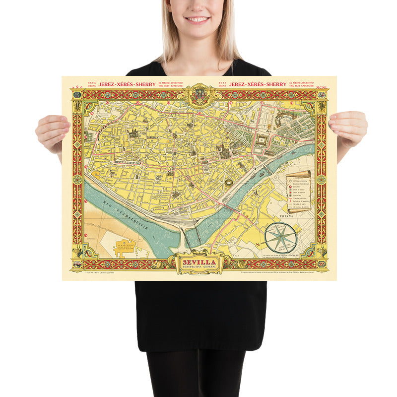 Old Pictorial Map of Seville by Fuentes, 1950: Catedral, Torre del Oro, Triana, Alcázar, Guadalquivir