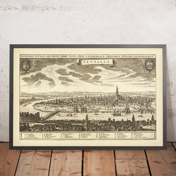 Alte Birdseye-Karte von Sevilla von Merian, 1638: Triana, Torre del Oro, Torre del Plata, La Lonja, El Alcázar 
