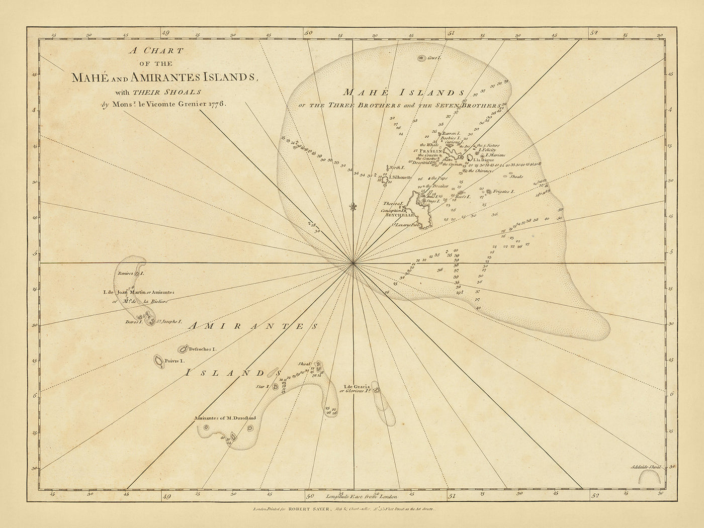 Ancien plan naval des Seychelles par Grenier, 1776 : Mahé, Amirantes, Trois Frères, Sept Frères, Banque des Seychelles 