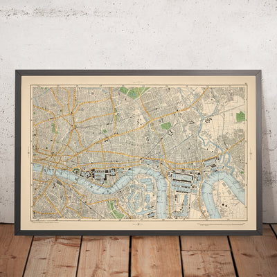 Mapa antiguo del este y centro de Londres, 1900: Torre de Londres, El Támesis, Isla de Perros, Muelles de Londres, Shoreditch 