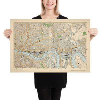 Mapa antiguo del este y centro de Londres, 1900: Torre de Londres, El Támesis, Isla de Perros, Muelles de Londres, Shoreditch 