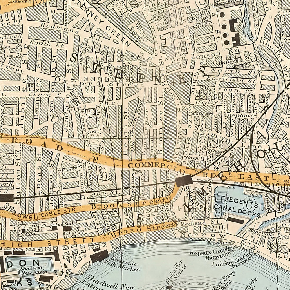 Mapa antiguo del este y centro de Londres, 1900: Torre de Londres, El Támesis, Isla de Perros, Muelles de Londres, Shoreditch 