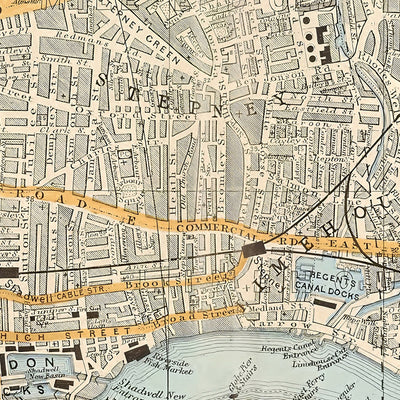 Mapa antiguo del este y centro de Londres, 1900: Torre de Londres, El Támesis, Isla de Perros, Muelles de Londres, Shoreditch 