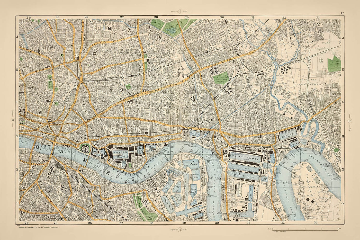 Mapa antiguo del este y centro de Londres, 1900: Torre de Londres, El Támesis, Isla de Perros, Muelles de Londres, Shoreditch 