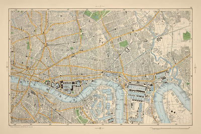 Mapa antiguo del este y centro de Londres, 1900: Torre de Londres, El Támesis, Isla de Perros, Muelles de Londres, Shoreditch 