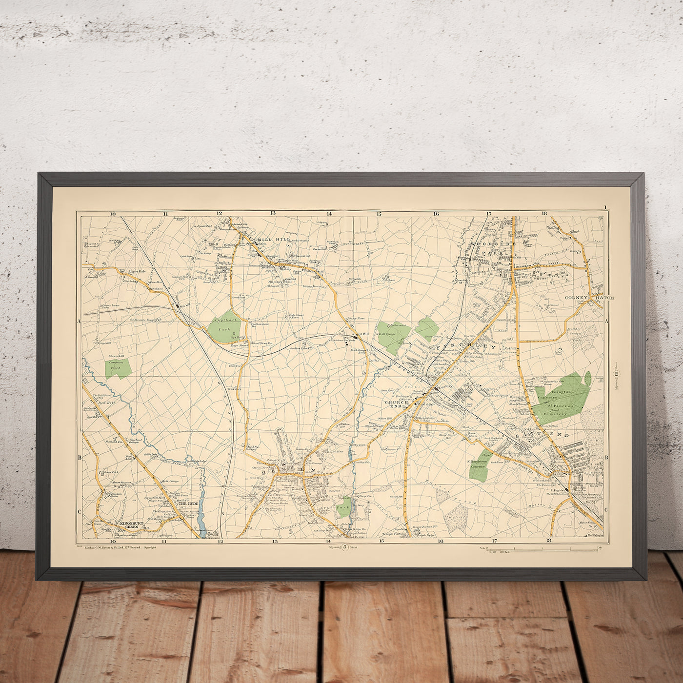 Ancienne carte du nord-ouest de Londres, 1900 : Mill Hill, Hendon, East End, Woodside Park, réservoir de Brent 