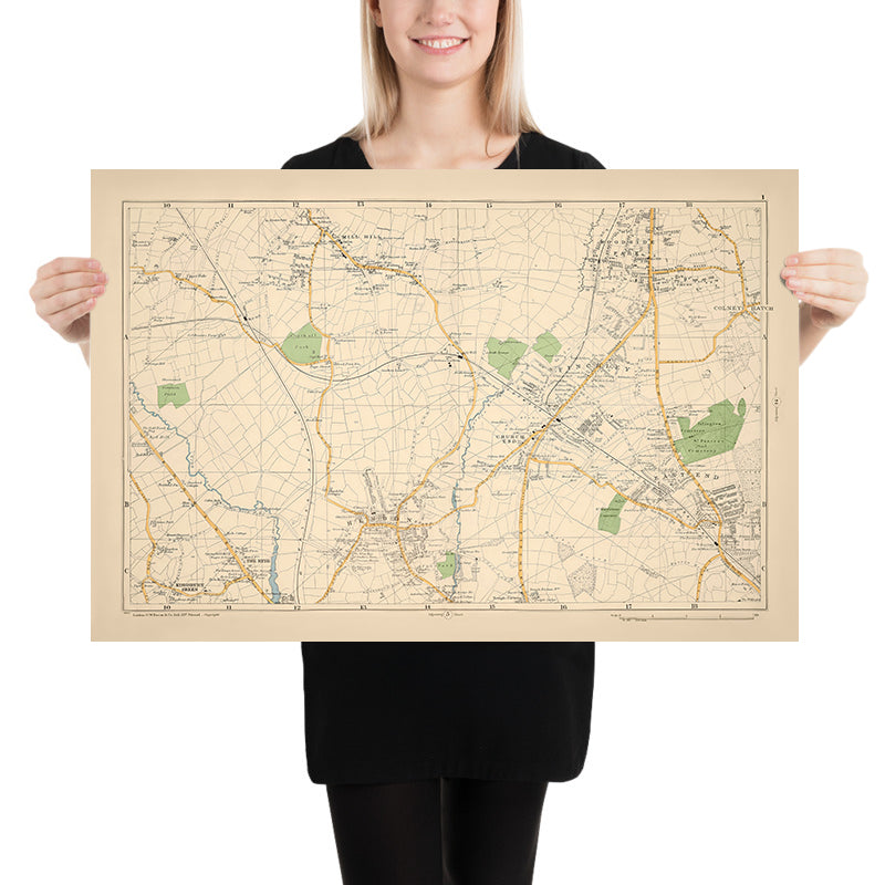 Ancienne carte du nord-ouest de Londres, 1900 : Mill Hill, Hendon, East End, Woodside Park, réservoir de Brent 
