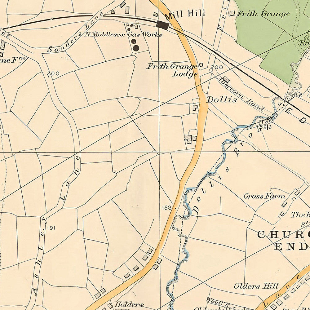 Ancienne carte du nord-ouest de Londres, 1900 : Mill Hill, Hendon, East End, Woodside Park, réservoir de Brent 