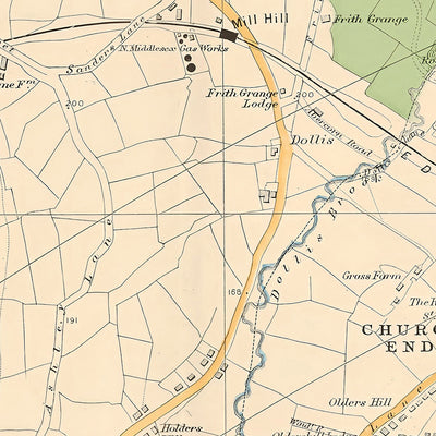 Ancienne carte du nord-ouest de Londres, 1900 : Mill Hill, Hendon, East End, Woodside Park, réservoir de Brent 