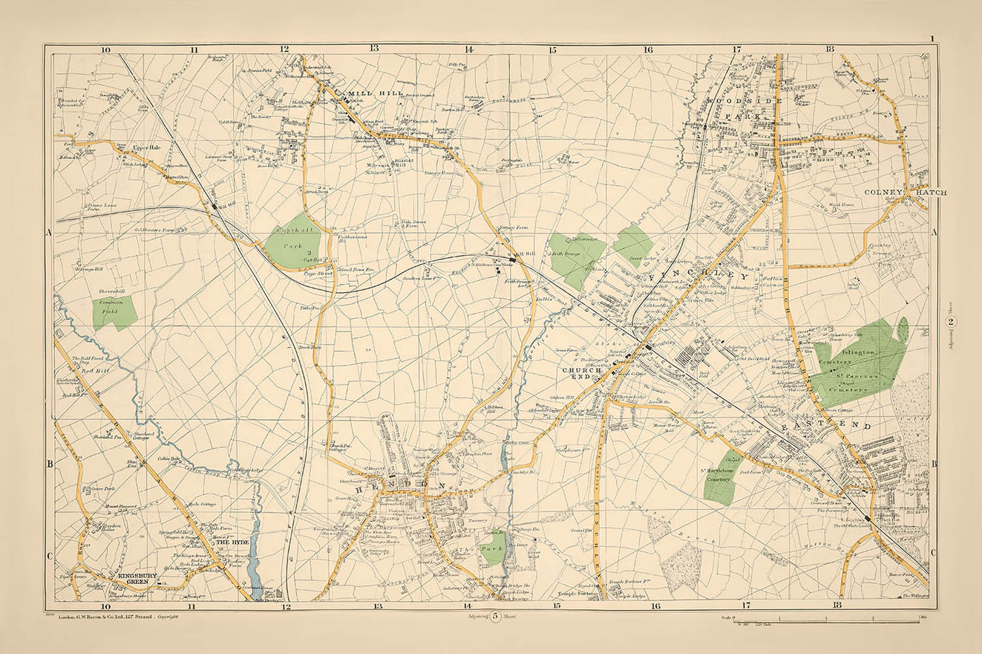 Ancienne carte du nord-ouest de Londres, 1900 : Mill Hill, Hendon, East End, Woodside Park, réservoir de Brent 