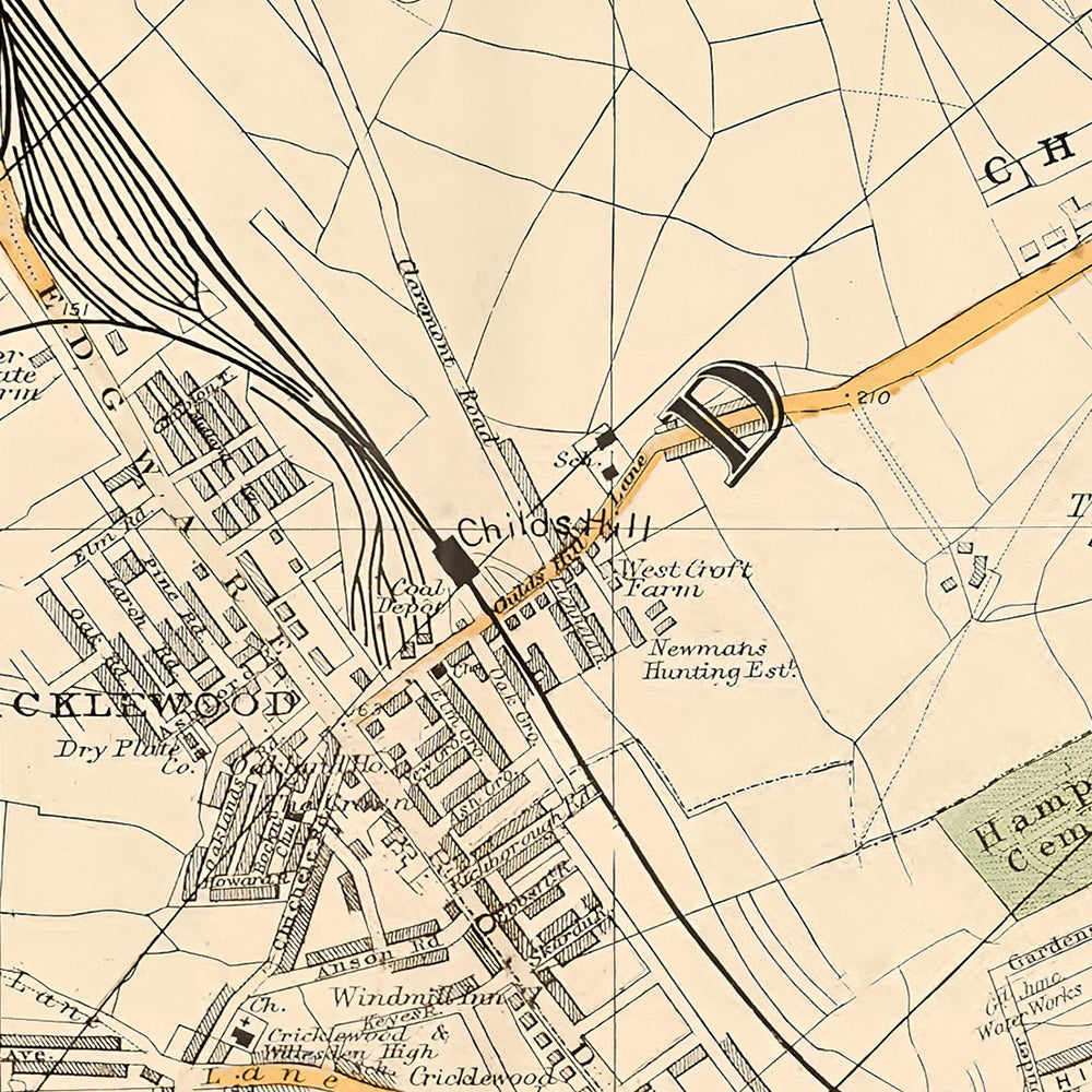 Alte Karte von Nord-London, 1900: Kingsbury, Hampstead Heath, Golders Green, Brent, Belsize, Willesden 