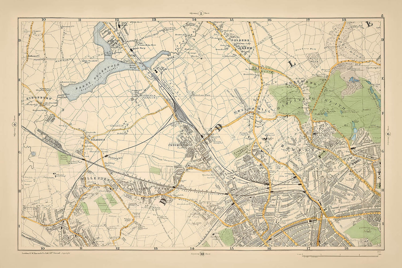 Alte Karte von Nord-London, 1900: Kingsbury, Hampstead Heath, Golders Green, Brent, Belsize, Willesden 