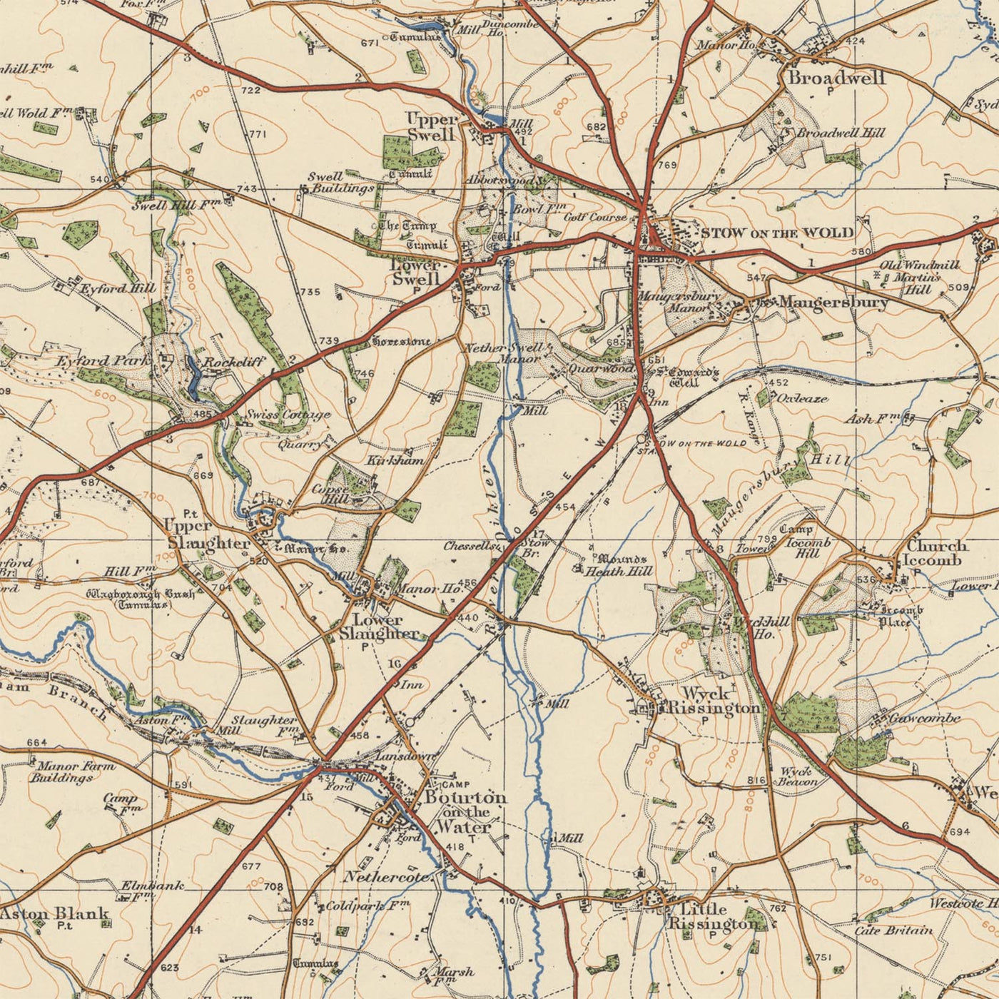 Carte Old Ordnance Survey, feuille 93 - Stow on the Wold, 1925 : Moreton-in-Marsh, Chipping Norton, Bourton-on-the-Water, Witney, Cotswolds AONB
