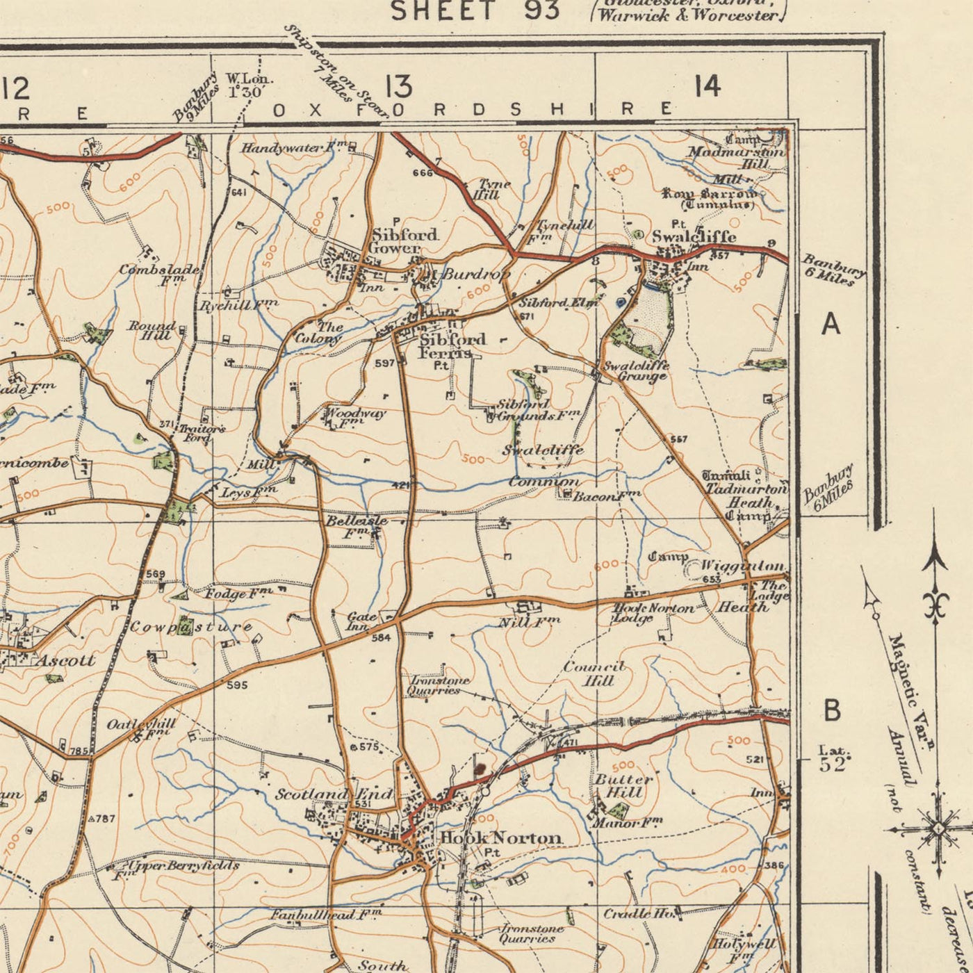 Carte Old Ordnance Survey, feuille 93 - Stow on the Wold, 1925 : Moreton-in-Marsh, Chipping Norton, Bourton-on-the-Water, Witney, Cotswolds AONB