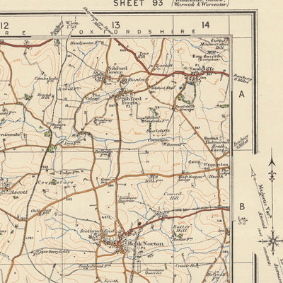 Carte Old Ordnance Survey, feuille 93 - Stow on the Wold, 1925 : Moreton-in-Marsh, Chipping Norton, Bourton-on-the-Water, Witney, Cotswolds AONB