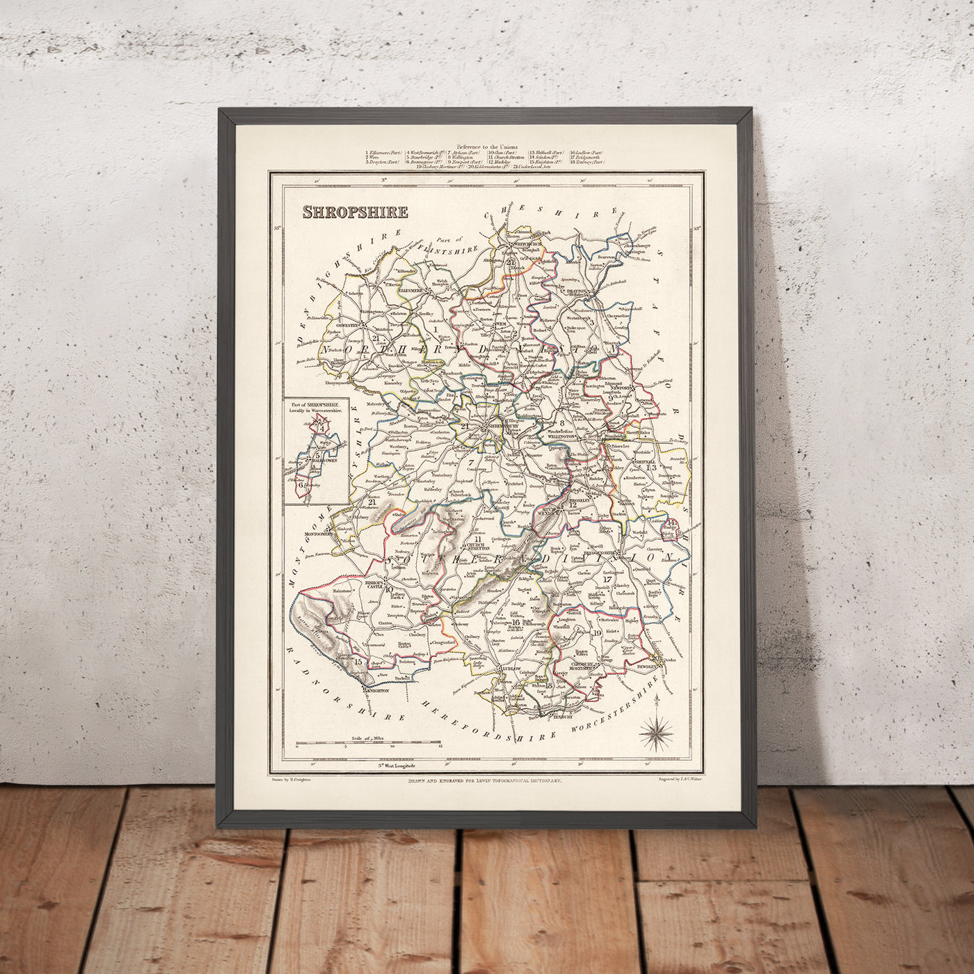 Mapa antiguo de Shropshire por Samuel Lewis, 1844: Telford, Shrewsbury, Oswestry, Bridgnorth y Wellington 