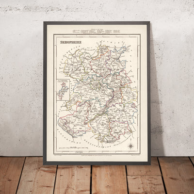 Mapa antiguo de Shropshire por Samuel Lewis, 1844: Telford, Shrewsbury, Oswestry, Bridgnorth y Wellington 