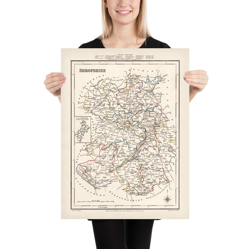 Mapa antiguo de Shropshire por Samuel Lewis, 1844: Telford, Shrewsbury, Oswestry, Bridgnorth y Wellington 