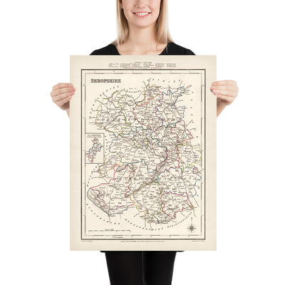 Mapa antiguo de Shropshire por Samuel Lewis, 1844: Telford, Shrewsbury, Oswestry, Bridgnorth y Wellington 