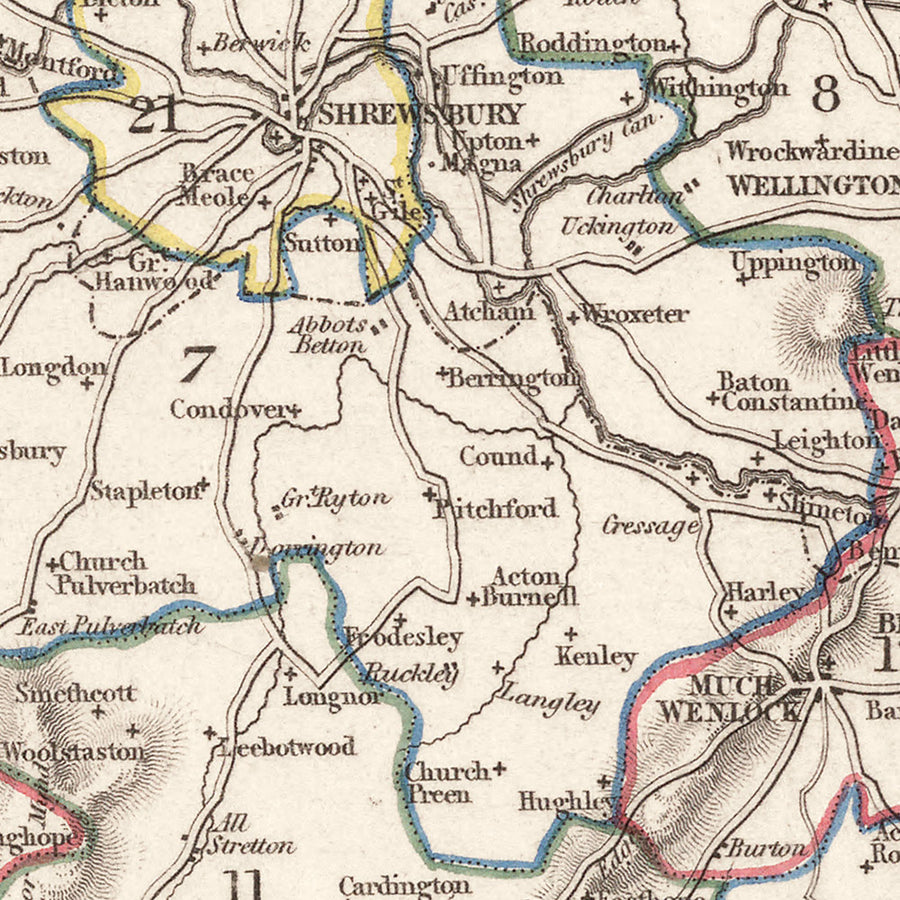 Vecchia mappa dello Shropshire di Samuel Lewis, 1844: Telford, Shrewsbury, Oswestry, Bridgnorth e Wellington 