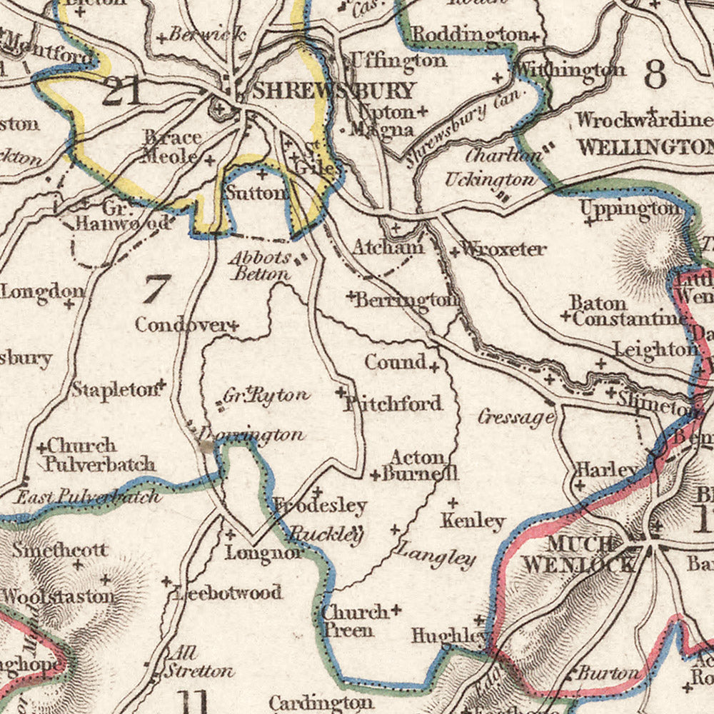 Mapa antiguo de Shropshire por Samuel Lewis, 1844: Telford, Shrewsbury, Oswestry, Bridgnorth y Wellington 