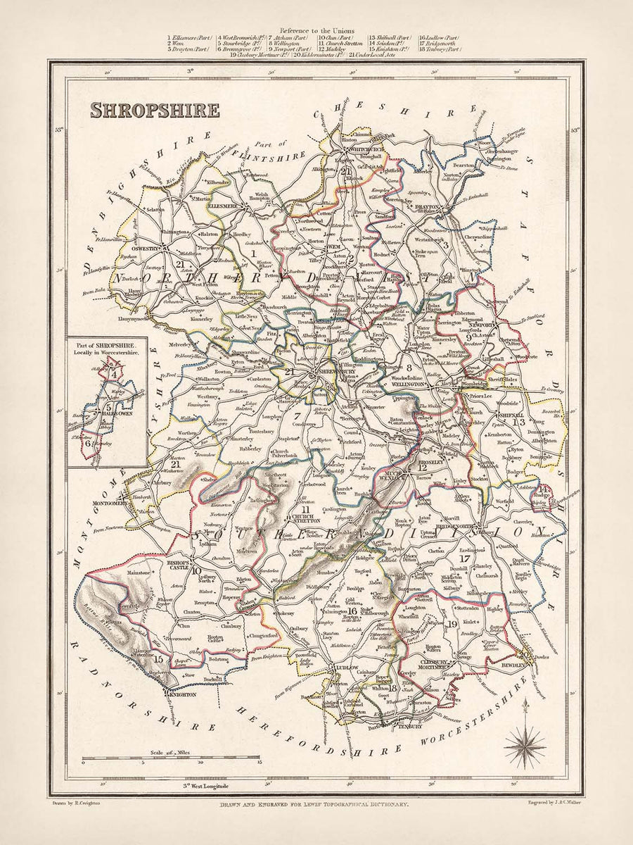 Vecchia mappa dello Shropshire di Samuel Lewis, 1844: Telford, Shrewsbury, Oswestry, Bridgnorth e Wellington 