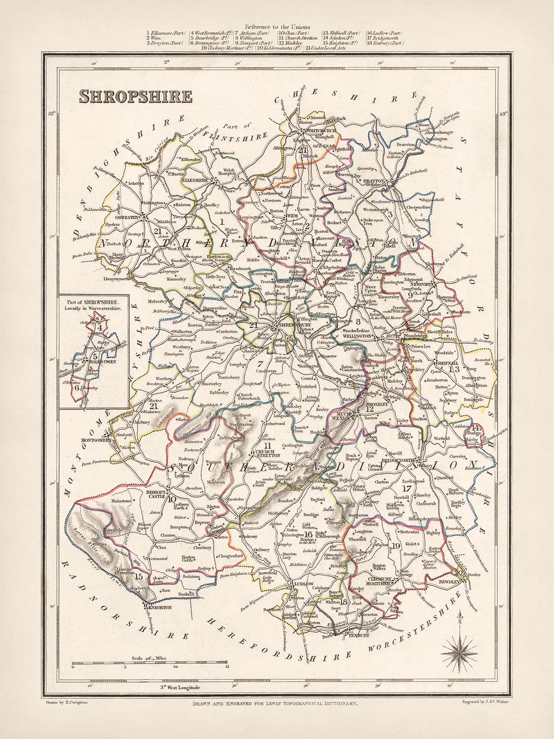 Mapa antiguo de Shropshire por Samuel Lewis, 1844: Telford, Shrewsbury, Oswestry, Bridgnorth y Wellington 