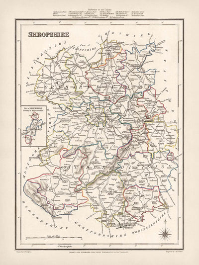 Mapa antiguo de Shropshire por Samuel Lewis, 1844: Telford, Shrewsbury, Oswestry, Bridgnorth y Wellington 