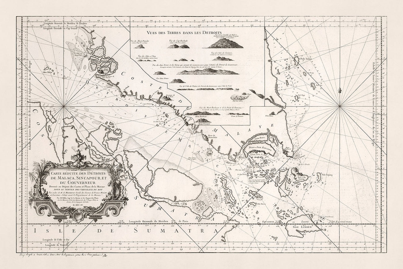 Ancienne carte de Singapour et du détroit de Malacca par Bellin, 1755 : Île de Singapour, Malaisie, Indonésie, Lingga 