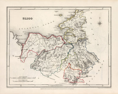 Alte Karte des County Sligo von Samuel Lewis, 1844: Ballymote, Tubbercurry, Enniscrone, Rosses Point, Lough Gill 