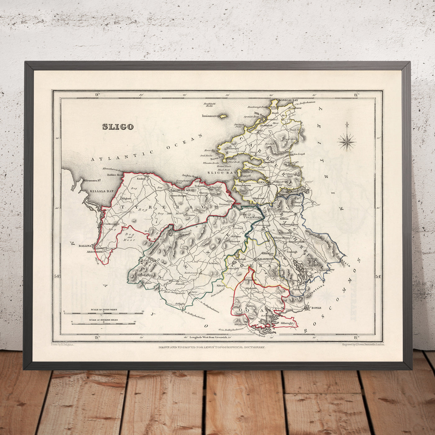 Alte Karte des County Sligo von Samuel Lewis, 1844: Ballymote, Tubbercurry, Enniscrone, Rosses Point, Lough Gill 