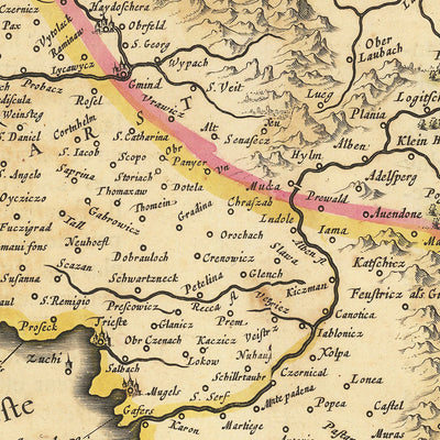 Ancienne carte de la Slovénie par Blaeu, 1640 : mer Adriatique, golfe de Venise, Ljubljana, Trieste, plateau du Karst 