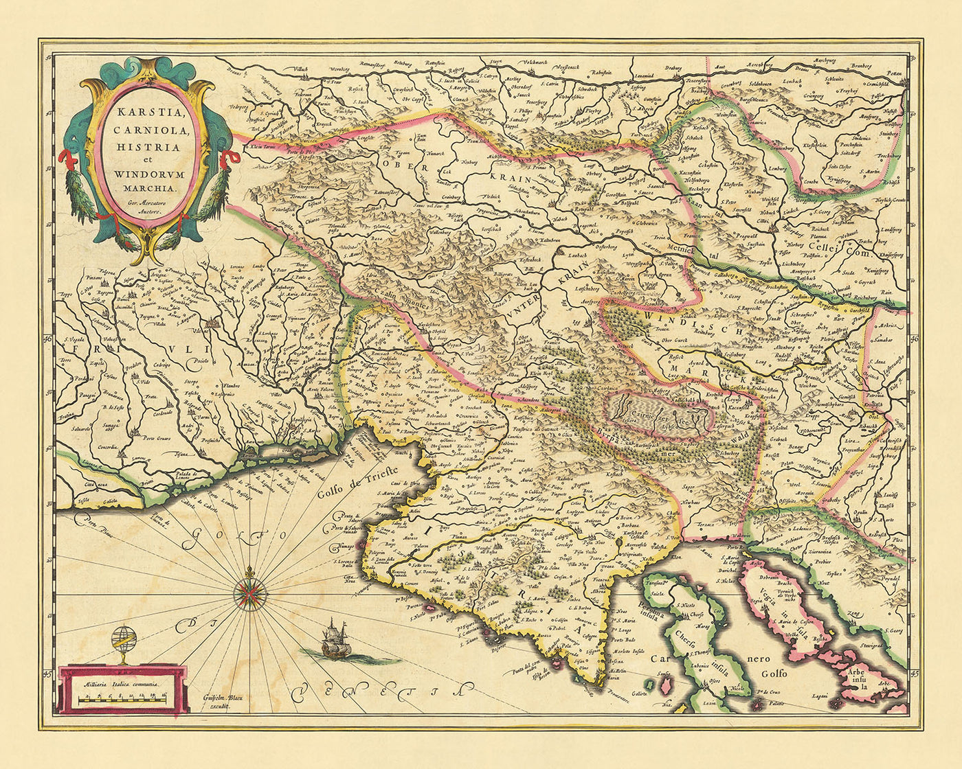 Ancienne carte de la Slovénie par Blaeu, 1640 : mer Adriatique, golfe de Venise, Ljubljana, Trieste, plateau du Karst 